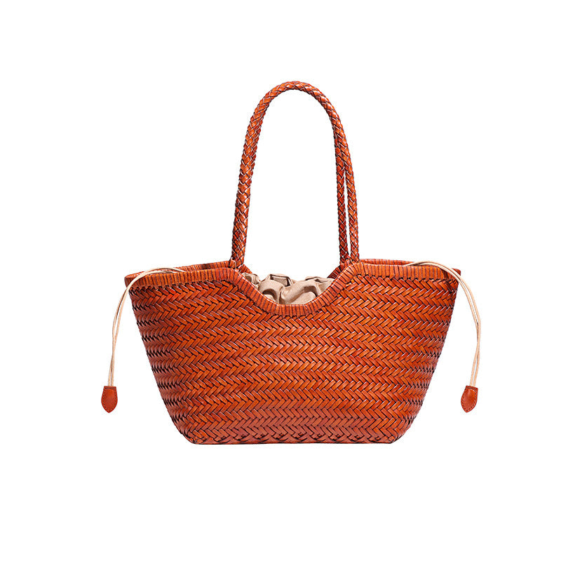 Genuine Leather Woven Large Capacity French Retro Vegetable Tote Bags