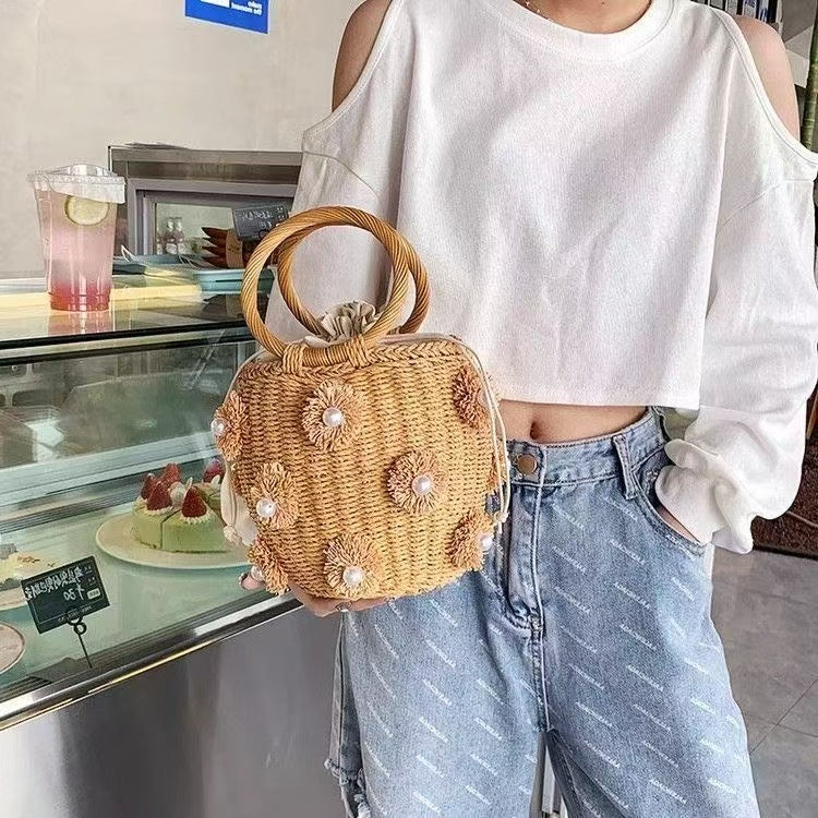 Women's Straw Artificial Pearl Decorative Portable Basket Woven Tote Bag