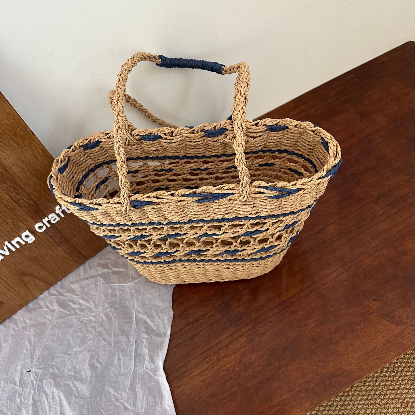 Women's Hollow Fashion Color Contrast Paper String Straw Vacation Vegetable Bags