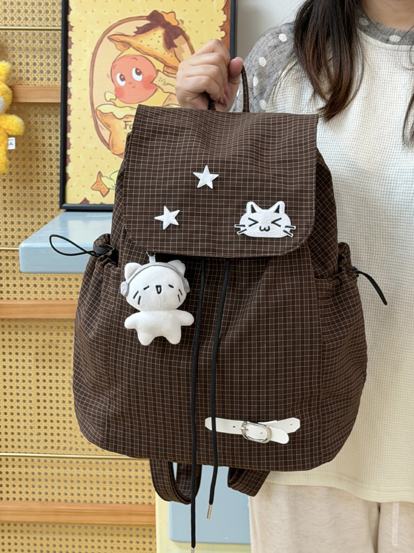 Embroidery Kitten Milk Blue Plaid Soft Leisure Backpack