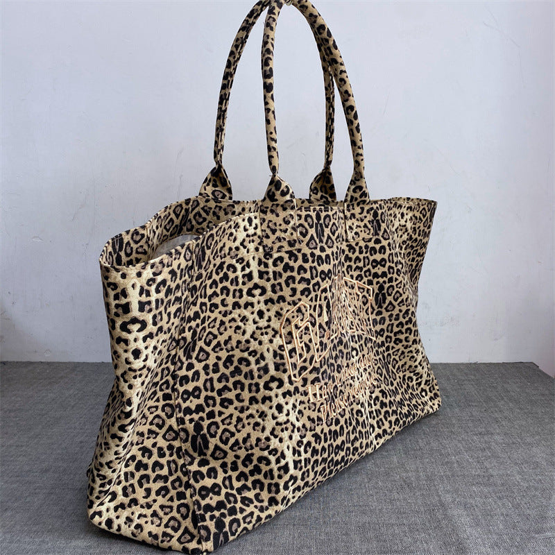Women's & Men's Leopard Print Embroidered Canvas Leisure Shopping Tote Bag