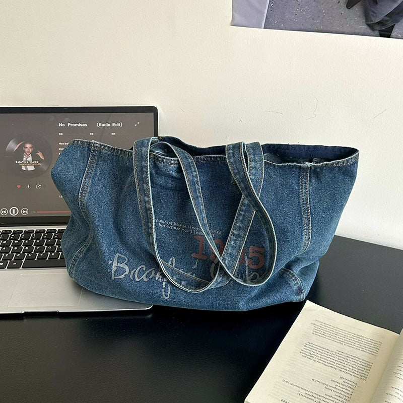 Simple Washing Water Denim Western Style Printing Large Women's Shoulder Bag