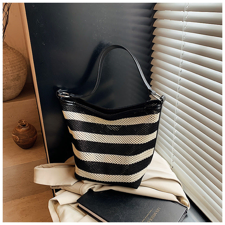 Women's Capacity Woven Striped Canvas Stitching Dumpling Women's Shoulder Bag
