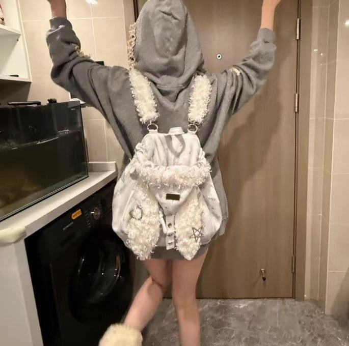 Women's Cute Fluffy Rabbit Ears Hat Large Women's Backpack