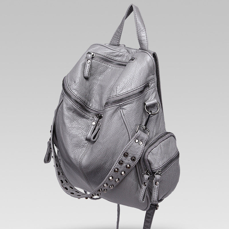 Women's High-grade Rivet Washed Leather Solid Color Soft Surface Large Women's Backpack