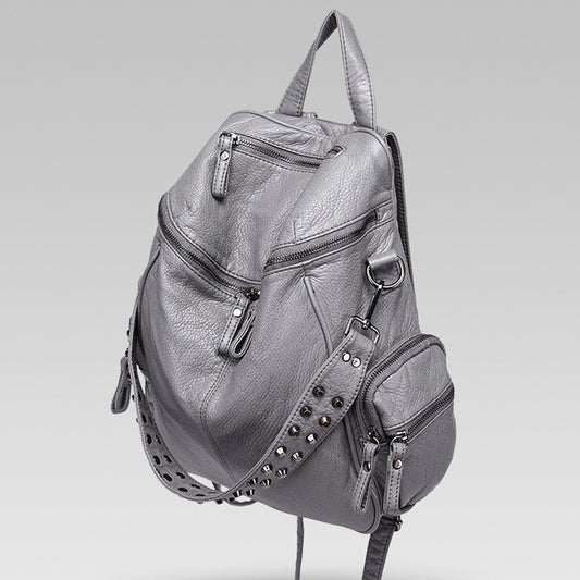 Women's High-grade Rivet Washed Leather Solid Color Soft Surface Large Women's Backpack