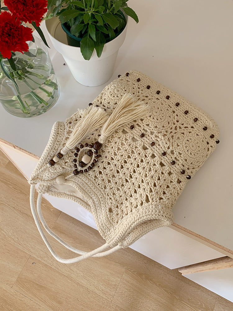 Artistic Hollow Tassel Cotton Thread Woven Large Capacity Seaside Holiday Women's Shoulder Bag