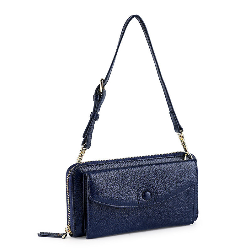 Women's Underarm Layer Cowhide Zipper Mobile Function Genuine Bags