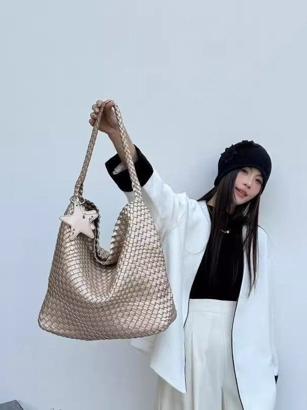 Women's Champagne Woven Large Capacity Portable Cross Women's Shoulder Bag