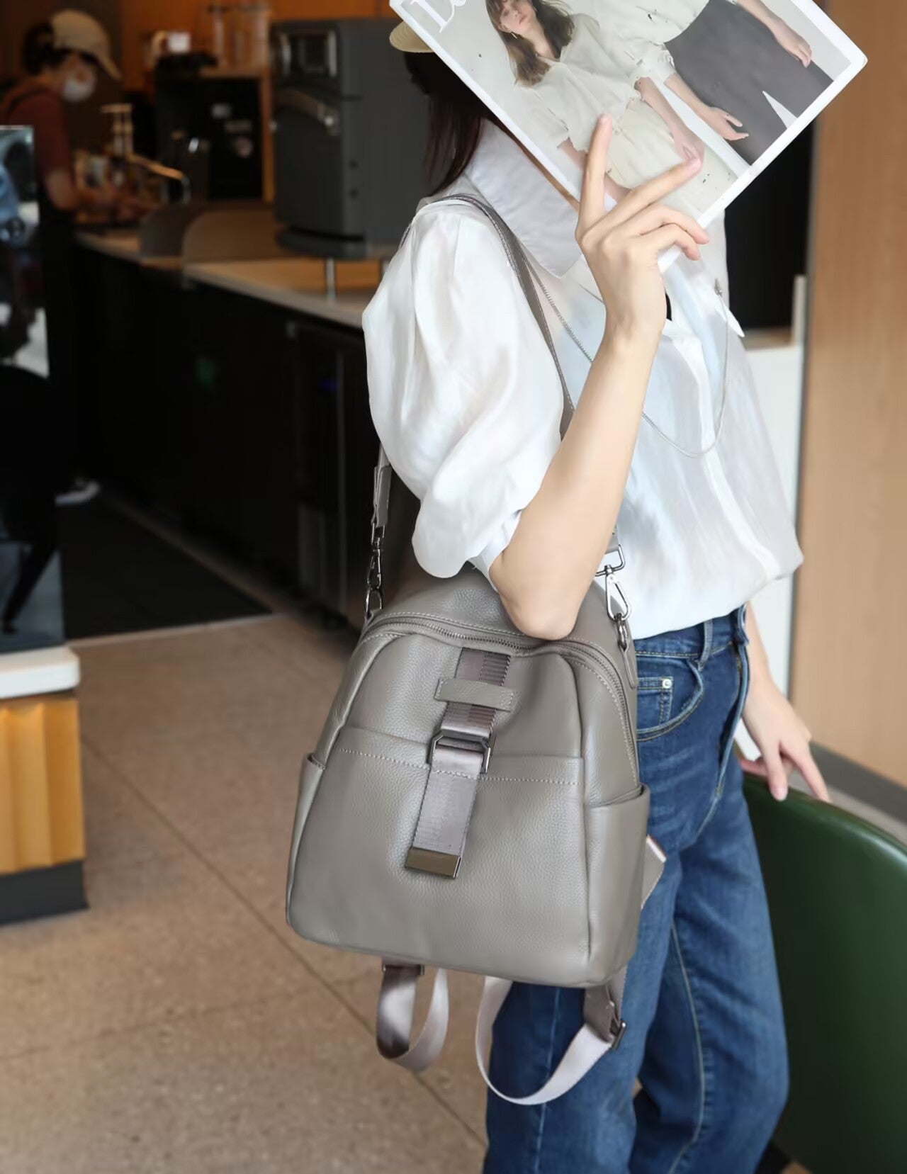 Women's First Layer Leather Lychee Pattern Elephant Gray Large Women's Backpack