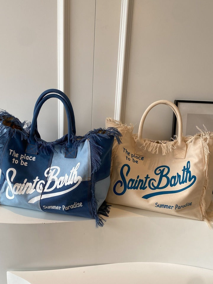 Beach Large Capacity Commuter Handmade Tassel Denim Tote Bag
