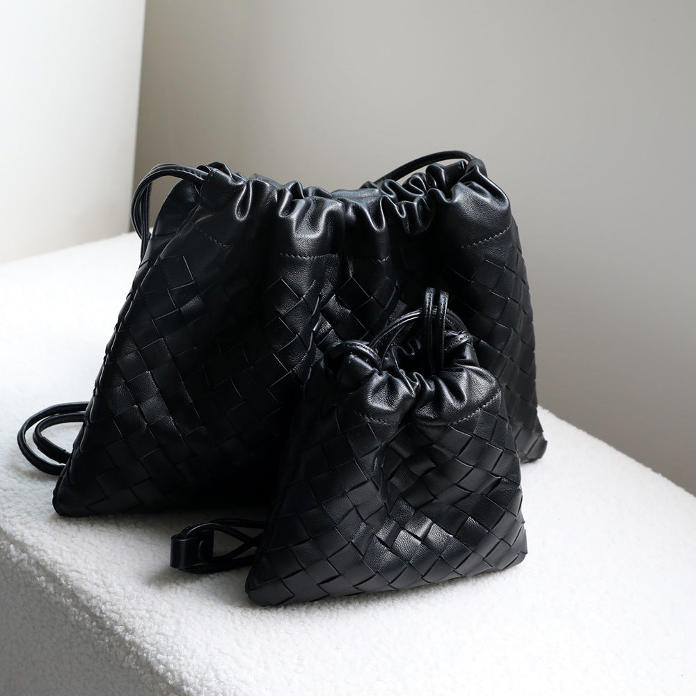 Women's Sheepskin Woven Dumpling Garbage Genuine Leather Drawstring Underarm Hand Holding Women's Shoulder Bag