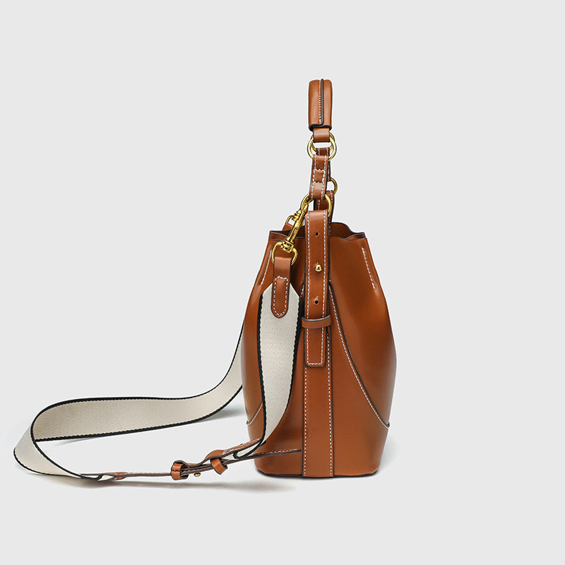 Women's Z Large Capacity Brown Drawstring Portable Cross Bucket Bag