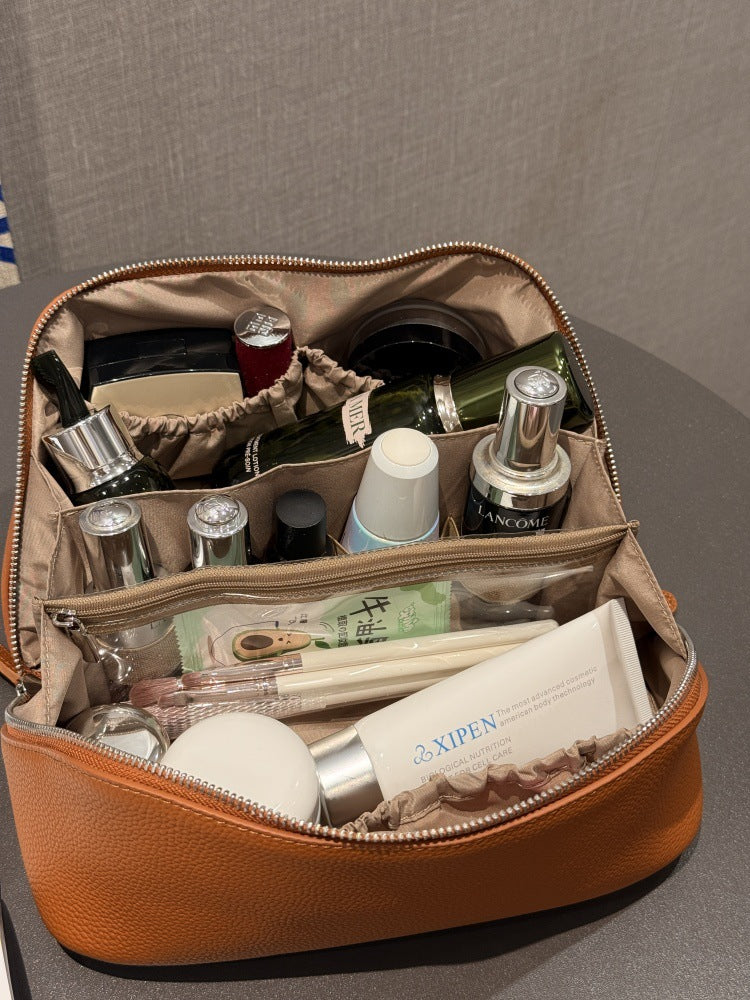 Simple High-grade First Layer Cowhide Texture Leather Portable Toiletry Large Cosmetic Bags