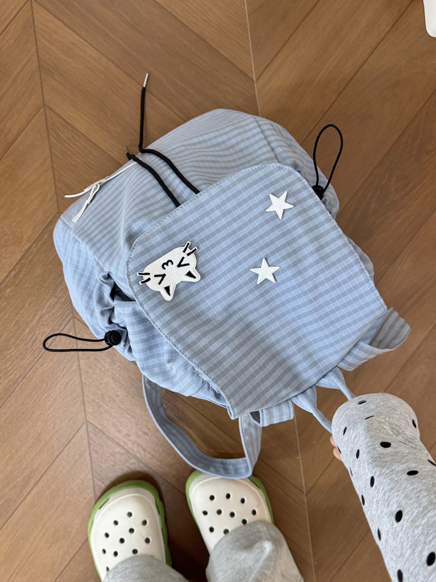 Embroidery Kitten Milk Blue Plaid Soft Leisure Backpack