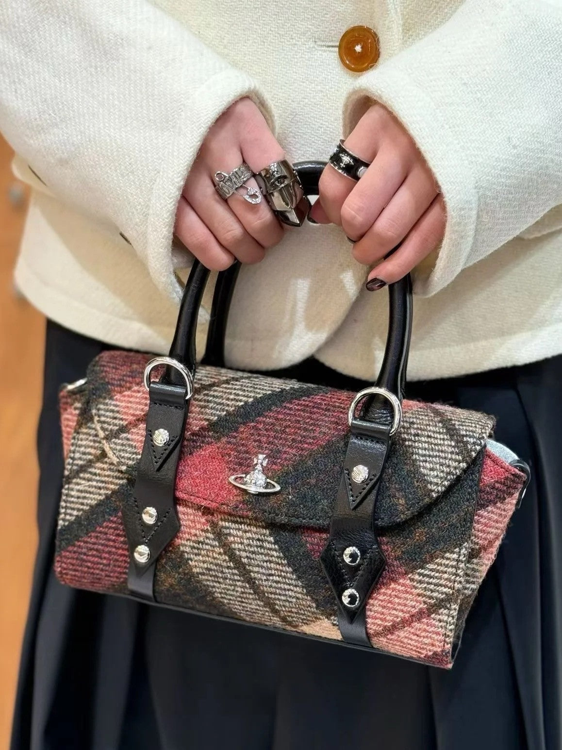 Saturn Retro Plaid High-grade Woolen Portable Women's Handbag