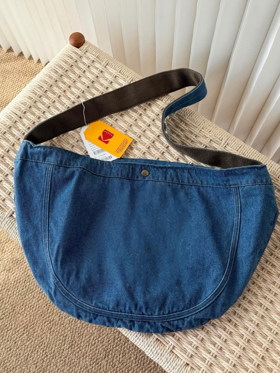 Women's Idle Style Washed Denim Crescent Artistic Tote Bags