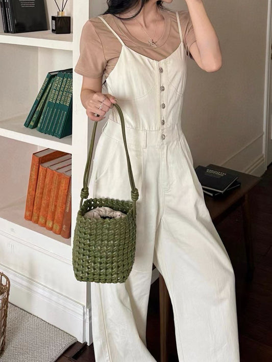 Windmill Knot First Layer Cowhide Handmade Woven Single Hollow Bucket Bags