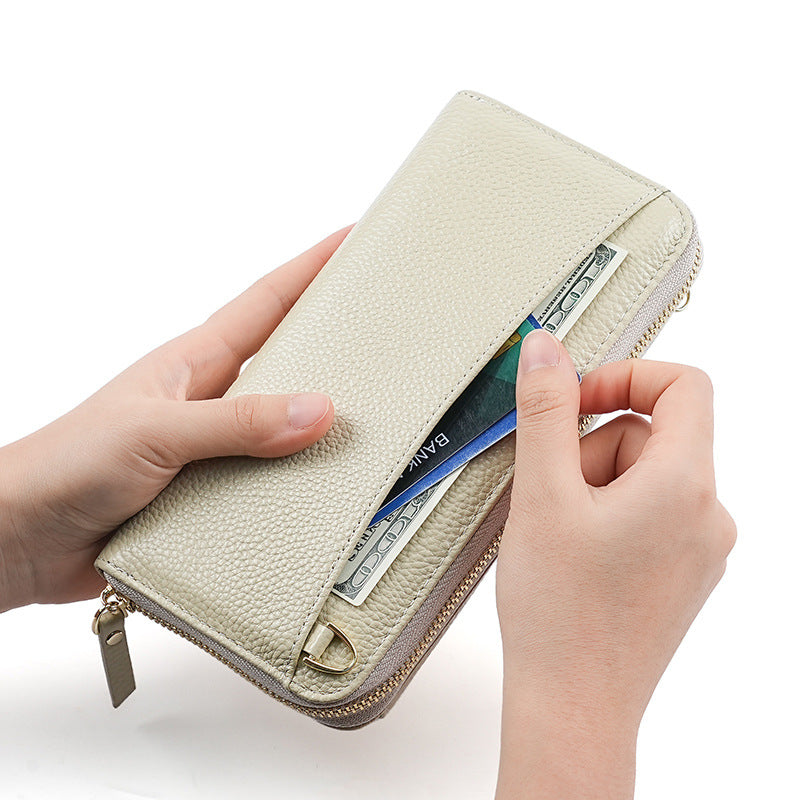 Women's Underarm Layer Cowhide Zipper Mobile Function Genuine Bags