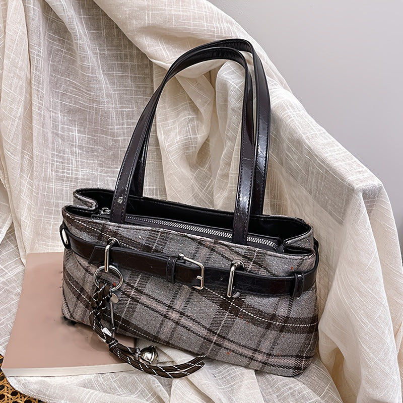 Women's Textured Plaid Vintage Chain Commuter Bags