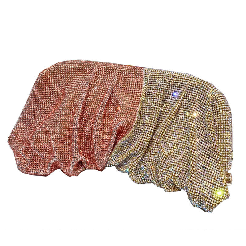 Studded Hand Crystal Pleated Chain Rhinestone Cloud Dumplings Clip Women's Shoulder Bag