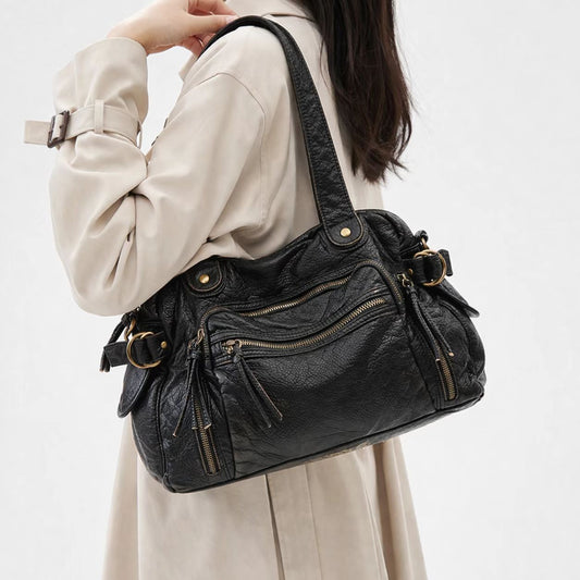 Retro Motorcycle Washed Soft Leather Large Capacity Underarm Tote Bag