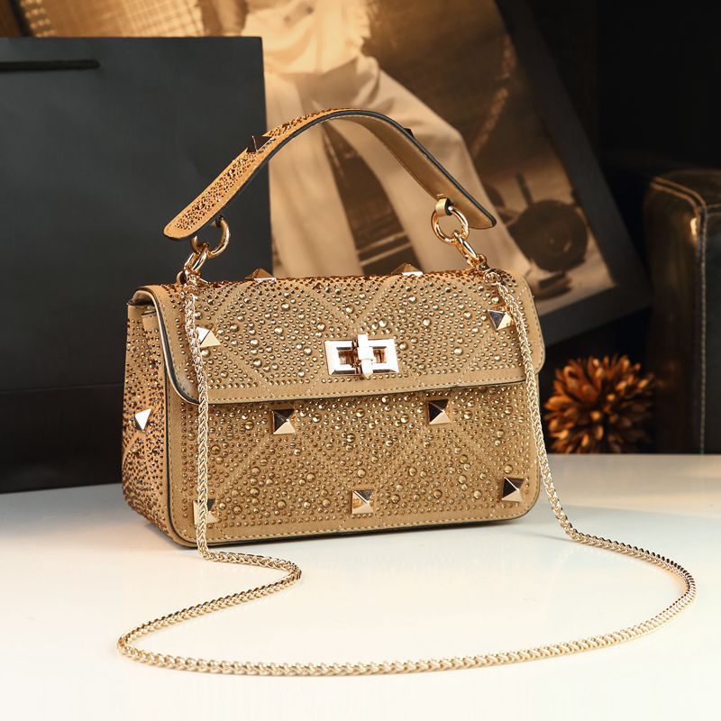 Women's Rhinestone Rivet Chain Fashion Portable Dinner Small Square Bags