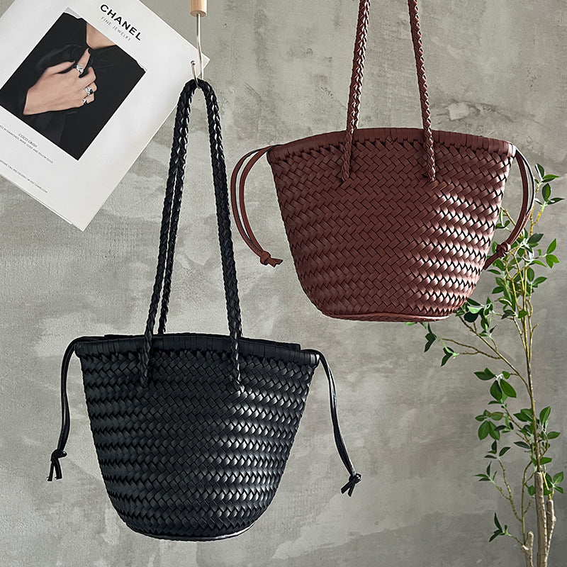 Woven Summer Portable Vegetable Basket French Retro Leather Bucket Bag