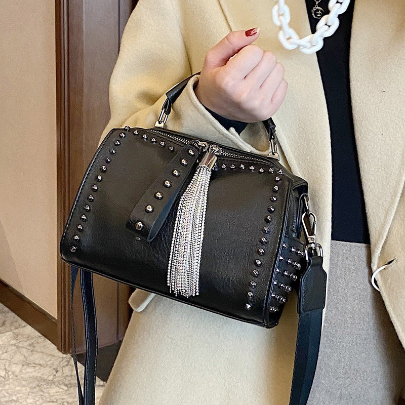 Women's Personality Rivets Tassel Pillow Versatile High Quality Women's Messenger Bag