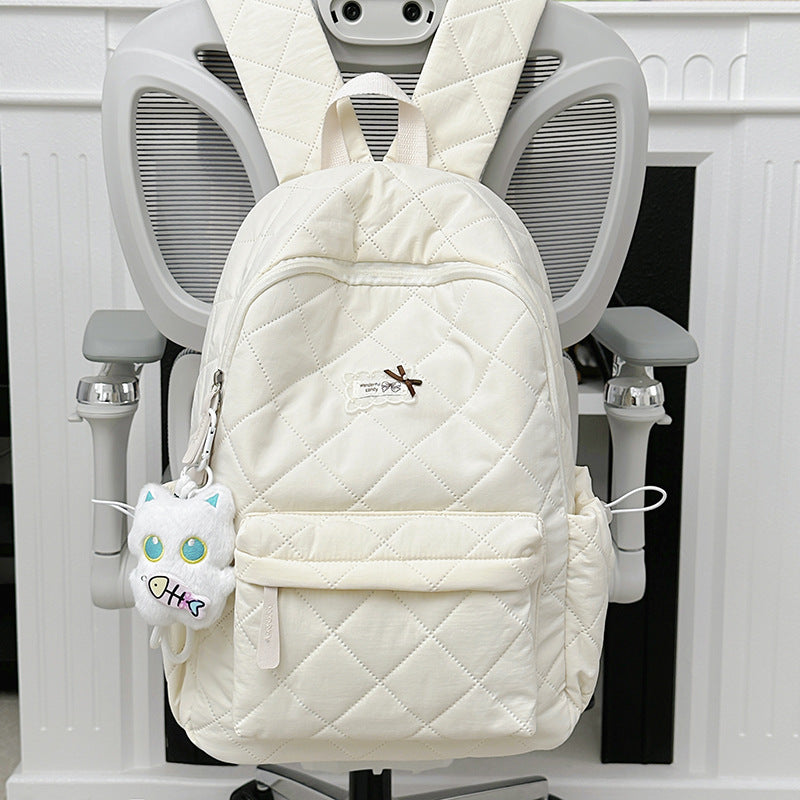 Soft Sticky White Pinch Cotton Rhombus Cute Leisure Backpack
