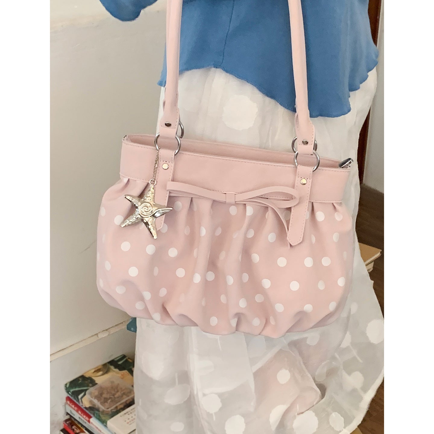 Women's Style Large Capacity Pleated Polka Dot Printing Underarm Bag