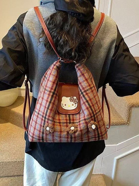 Women's Korean Retro Cat Design Plaid Large Leisure Backpack