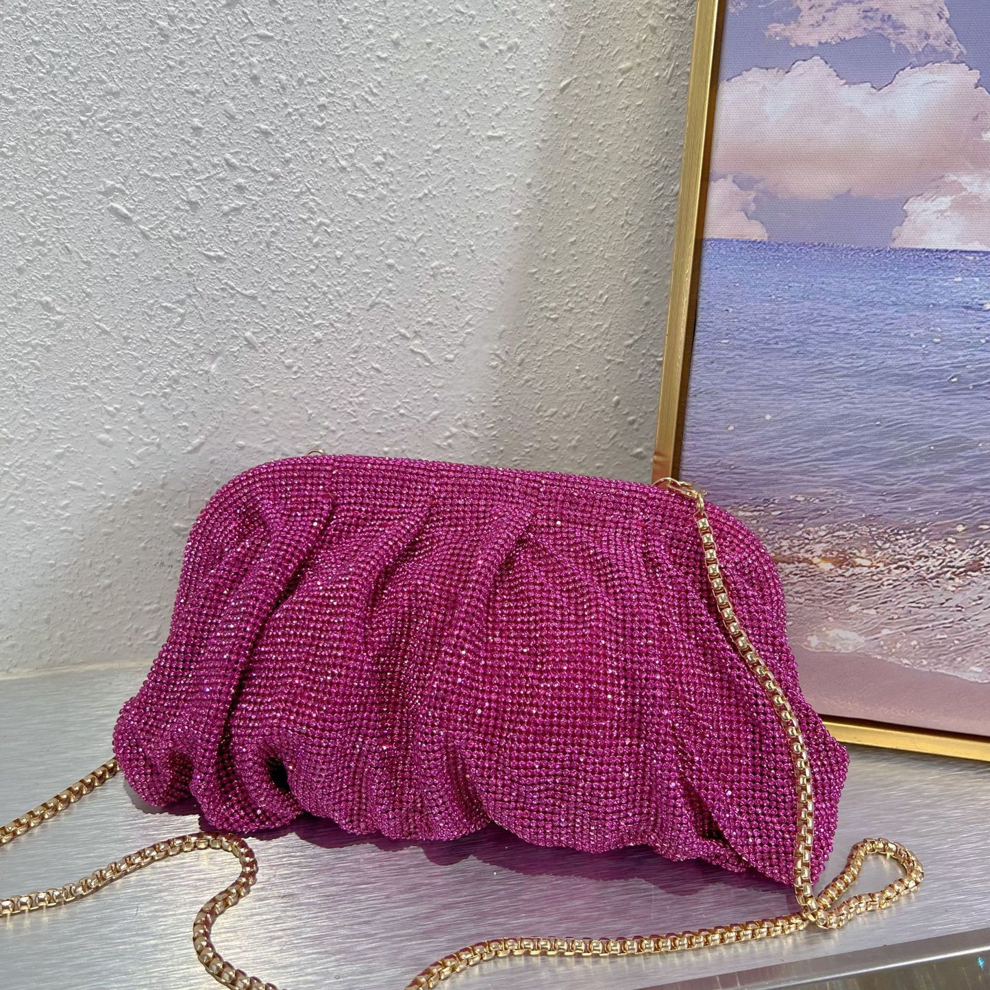 Studded Hand Crystal Pleated Chain Rhinestone Cloud Dumplings Clip Women's Shoulder Bag