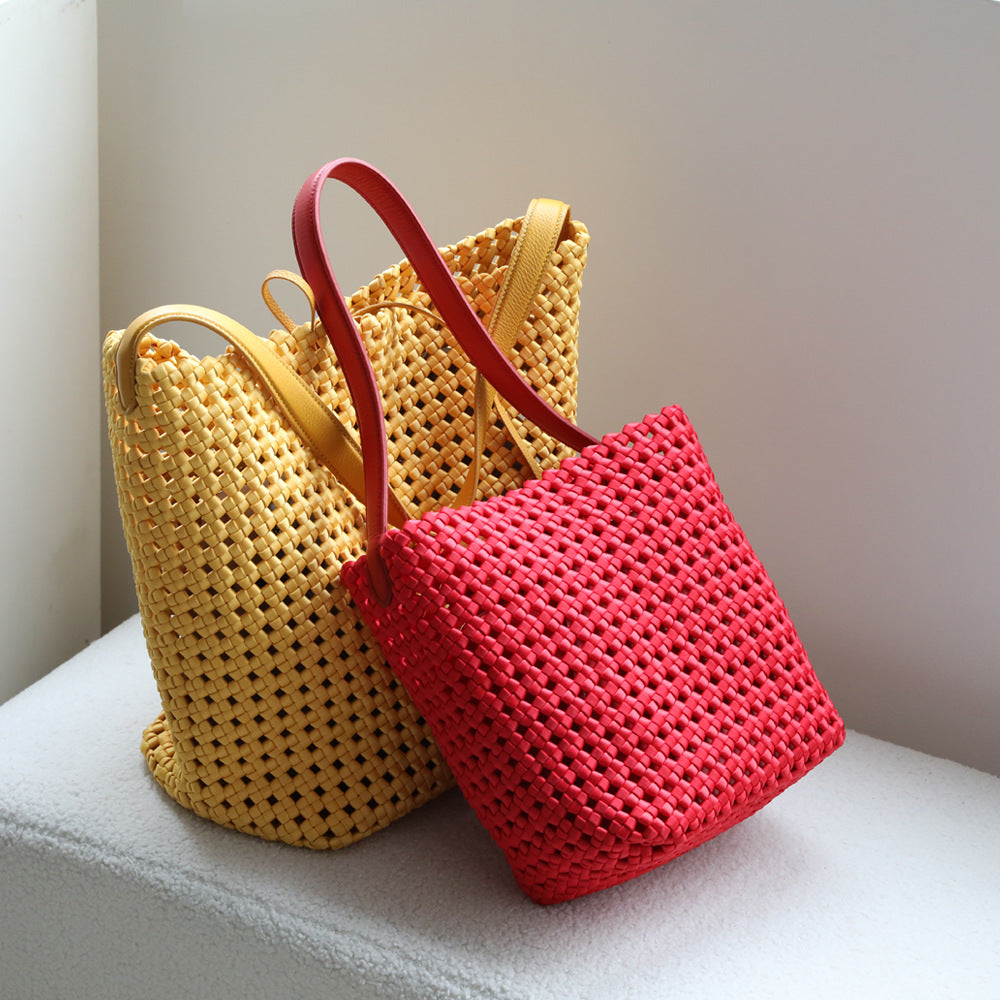 Women's Design Woven Cowhide Big Large Capacity Totes Portable Bucket Bag