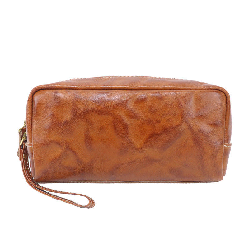 Tanned Leather Cowhide Wash Pencil Storage Large Makeup Bag