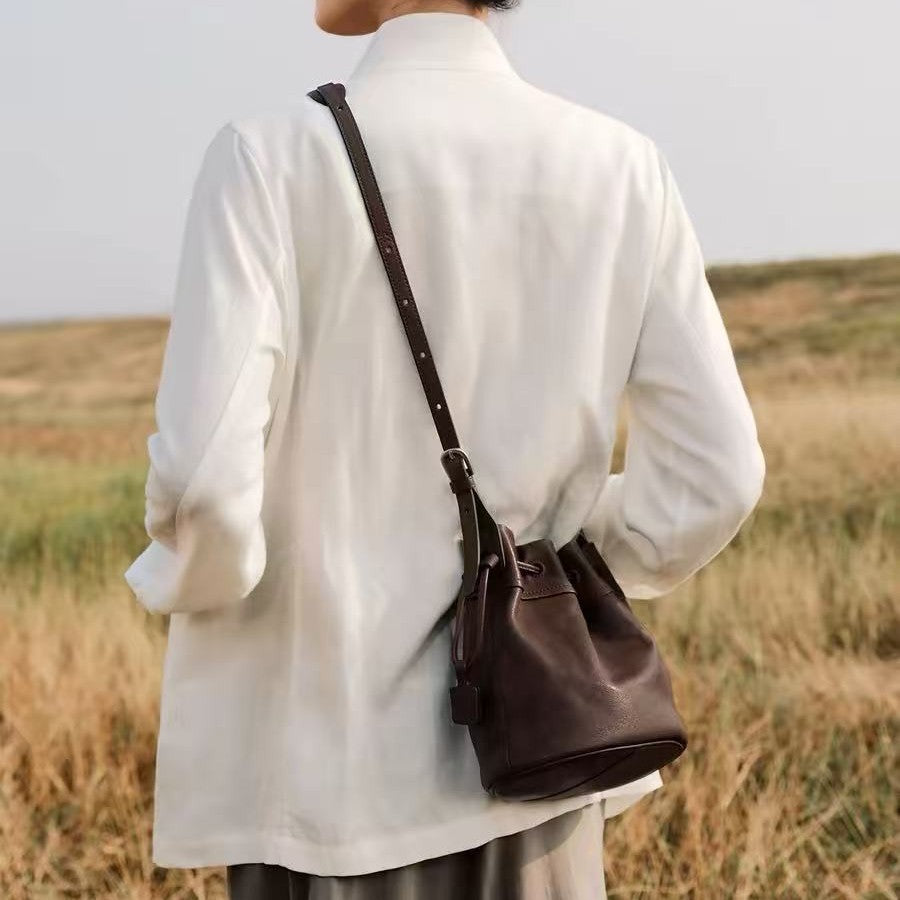 Vegetable Tanned Sheepskin Drawstring Commute Pouch Female Bags