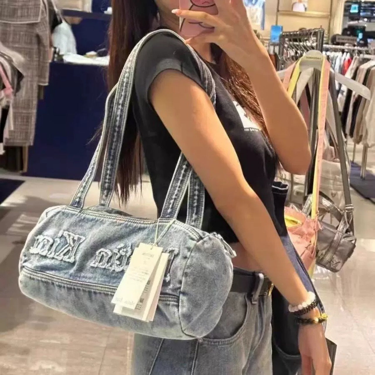 Niche Letter Embroidered Retro Washed Denim Large Capacity Tote Bag