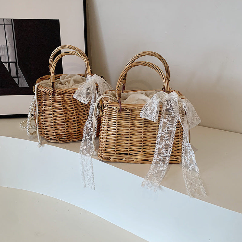 Hand-woven Rattan Weave Portable Vegetable Basket Vacation Beach Women's Shoulder Bag