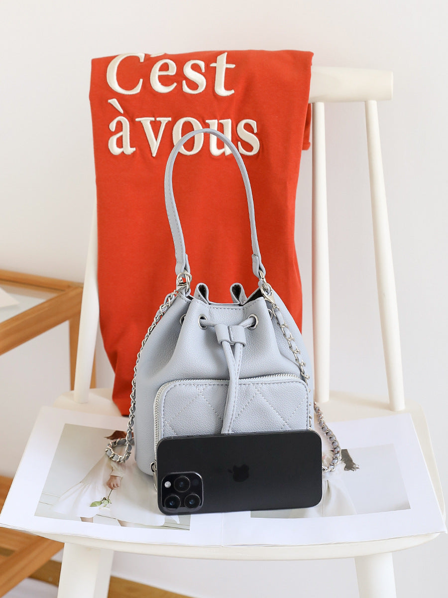 Korean Style Chain Design Drawstring Diamond Bucket Bag