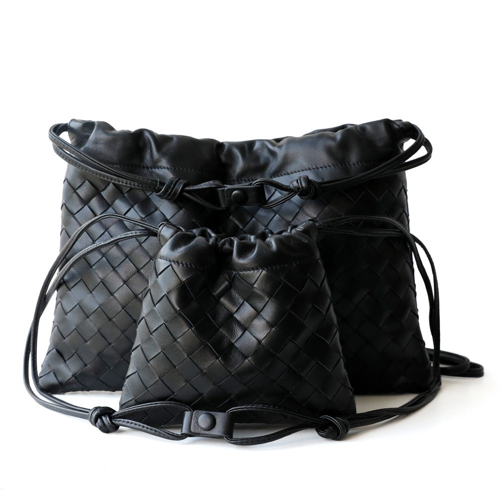 Women's Sheepskin Woven Dumpling Garbage Genuine Leather Drawstring Underarm Hand Holding Women's Shoulder Bag