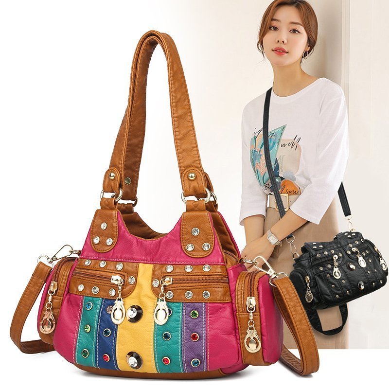 Women's Leather Fashion Diamond Lightweight Contrast Color Bags
