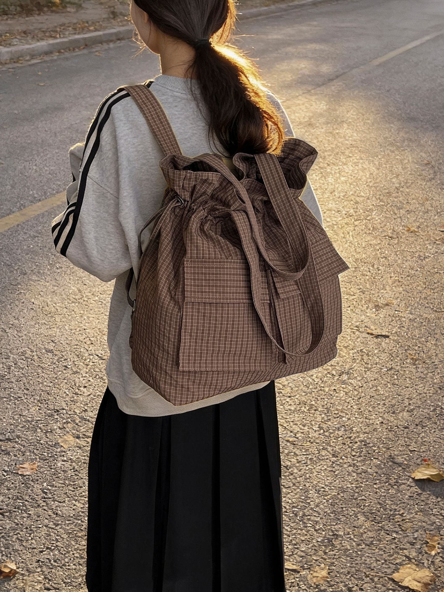 Women's Large Capacity Lightweight Plaid Drawstring Fashion Handbags