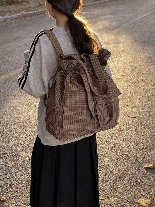 Women's Large Capacity Lightweight Plaid Drawstring Fashion Handbags