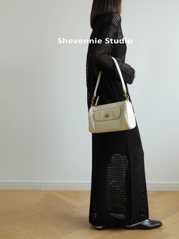 Women's Retro Style Simple First Layer Cowhide Summer Solid Underarm Bag
