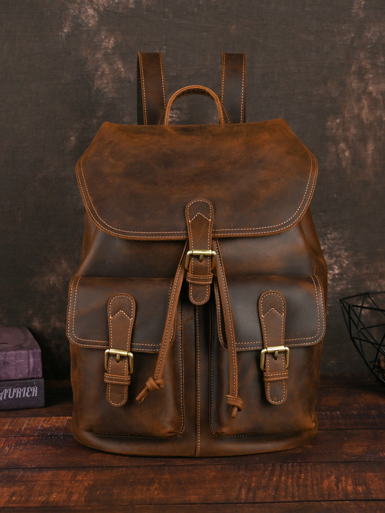 Men's Leather Vintage Distressed Top Layer Cowhide Large Business Backpack