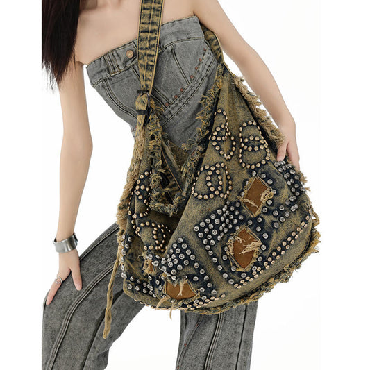 Retro Jean American Style Trend Rivet Design Single Large Women's Shoulder Bag