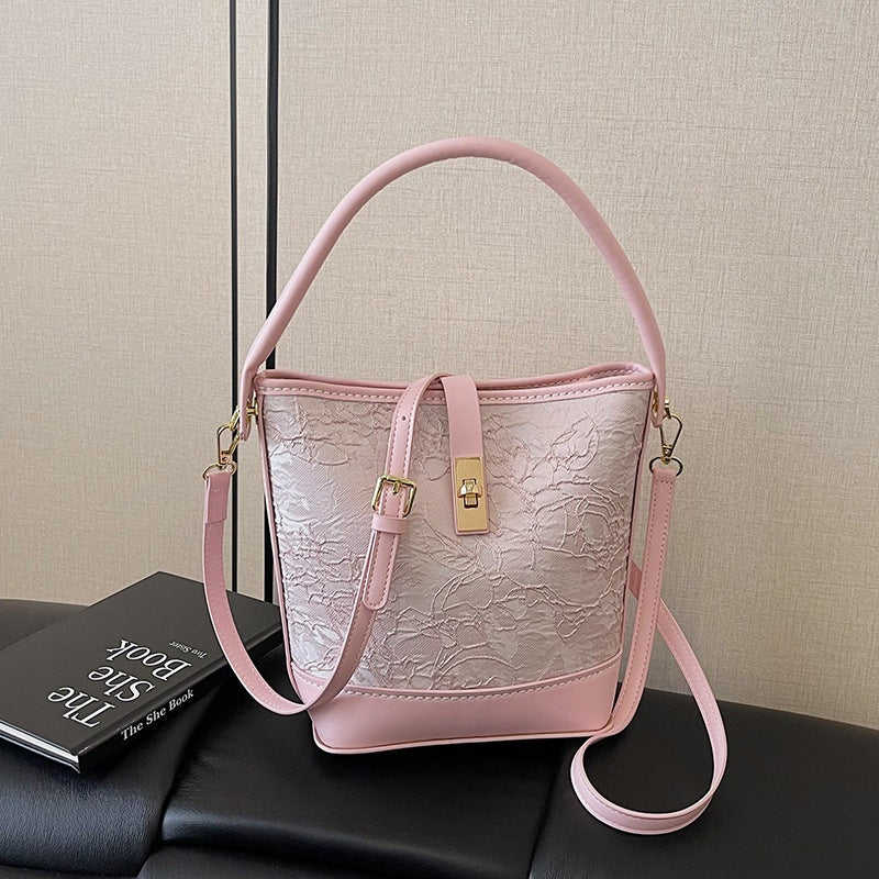 Women's Material Homemade National Style Contrast Color Hand Holding Bucket Bag