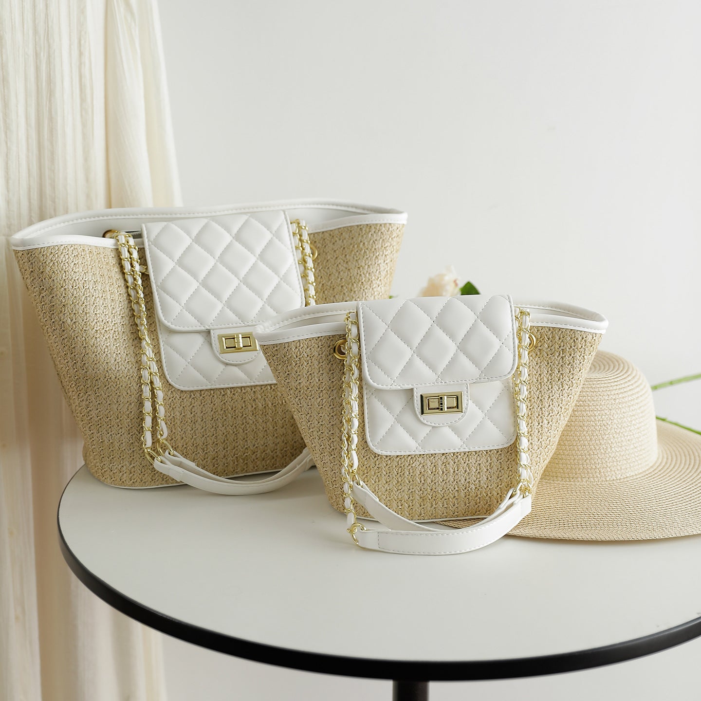 Classic Style Chain Straw Woven Trendy Fashion Tote Bag