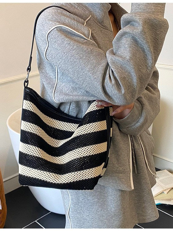 Women's Capacity Woven Striped Canvas Stitching Dumpling Women's Shoulder Bag
