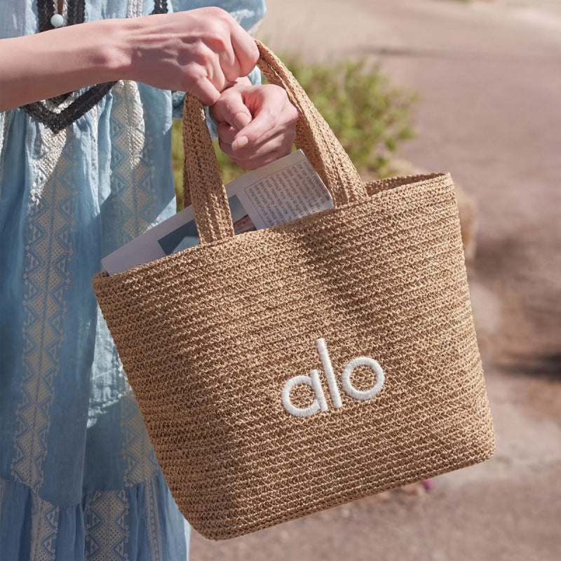 Women's Portable Letter Embroidery Hand Carrying Straw Woven Seaside Tote Bag